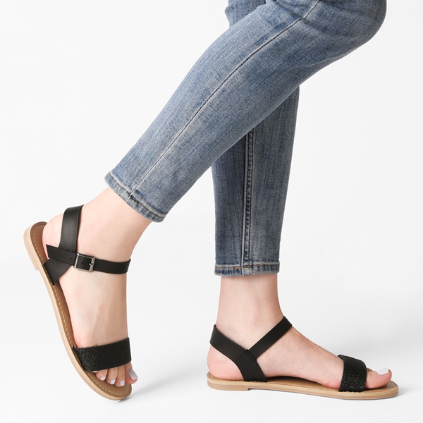 Ankle Strap Open Toe Flat Sandals - BLACK GLITTER - 1